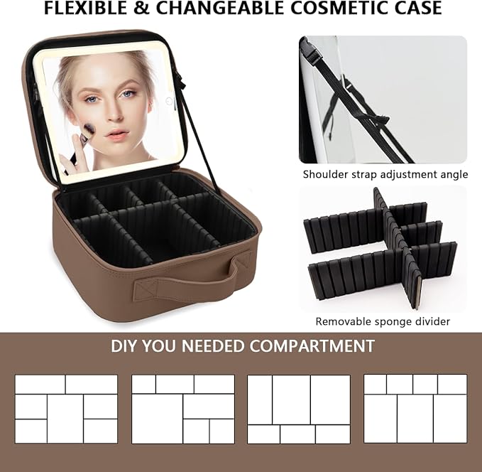 Makeup Bag with Led Mirror,Large Vanity Makeup Cases with 3 Color Setting,Portable Storage and Adjustable Dividers,for Women and Makeup Artists Cosmetic Organizer Travel Makeup Bag-Mocha