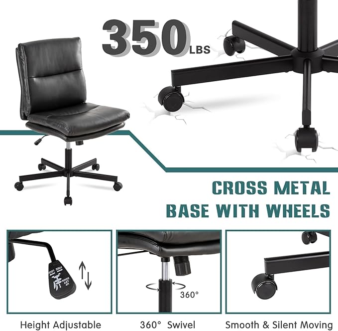 LUCKWIND Armless Office Desk Chair with Wheels, Mid-Back Criss Cross Swivel Task Chair, Height Adjustable Cushioned Vanity Chair, Double Padded PU-Leather Chairs for Home, Office & Bedroom (Black)