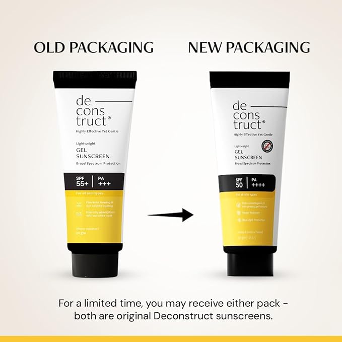 Deconstruct Face Gel Sunscreen SPF 50 + and PA+++ | Gel based sunscreen for oily, combination, acne prone & normal skin| Broad spectrum sunscreen, No White Cast, Lightweight - 50g each, pack of 2