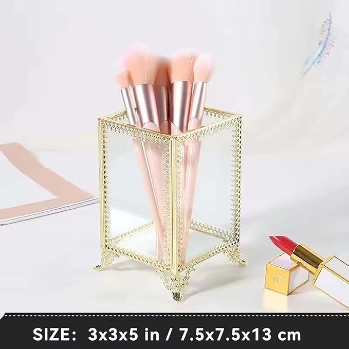 Makeup Brush Holder Vintage Glass Handmade Organizer with Pink Pearls for Nail Brush, Vanity, Bathroom, Dresser, Countertop - Gold