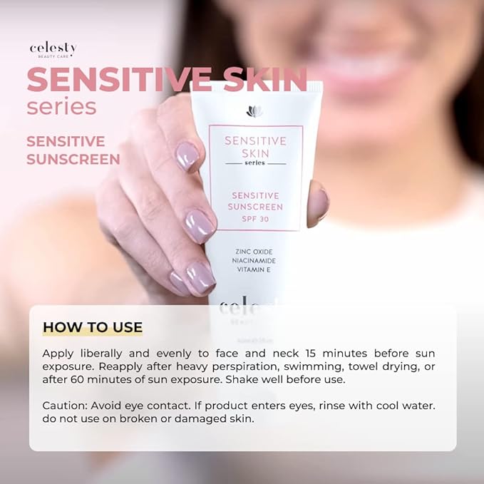 Celesty Beauty Sensitive Skin Sunscreen SPF30 UVA & UVB Sun Protection Cream For Matured and Sensitive Skin Non-Greasy, Broad Spectrum, Hydrating, Lightweight