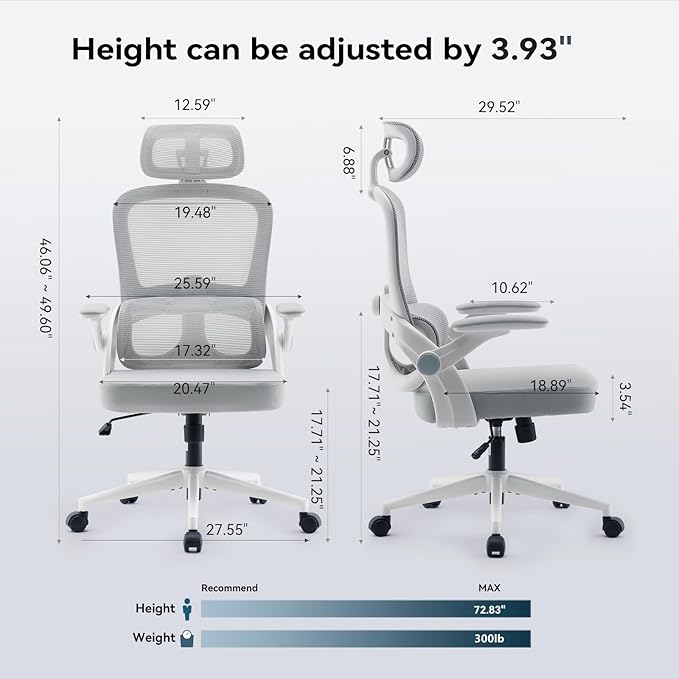 SIHOO M102C Ergonomic Office Chair, High Back Desk Chair with 3D Armrests, Up&Down Lumbar Support, Swivel Computer Task Chair with Adjustable 2D Headrest, Tilt Function,White