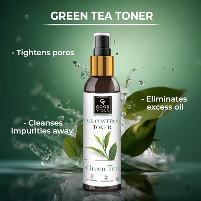 Good Vibes Oil Control Face Toner with Green Tea | Facial Mist Spray for Oily & Acne-Prone Skin | Tightens Pores, Refreshes & Purifies Skin | Alcohol-Free & No Parabens | 4.06 Fl Oz (120ml)