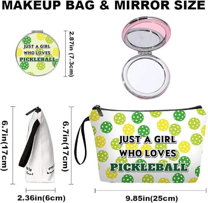 Personalized Pickleball Makeup Bag set with Mirror for girls,Pickleball Lover Player Cosmetic bag kit with10 pieces pink brush set,Pickle ball stuff Gifts for Women Mom femal Friends