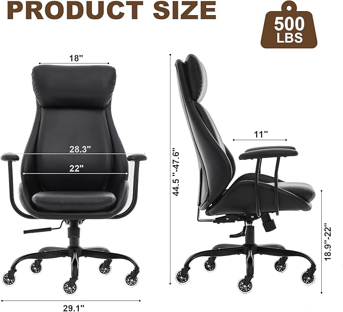 Office Chair, Leather Desk Chair with Rubber Wheels, Ergonomic Computer Chair 500 LBS with Lumbar Support, High Back Executive Chair for Modern Home Office, Black