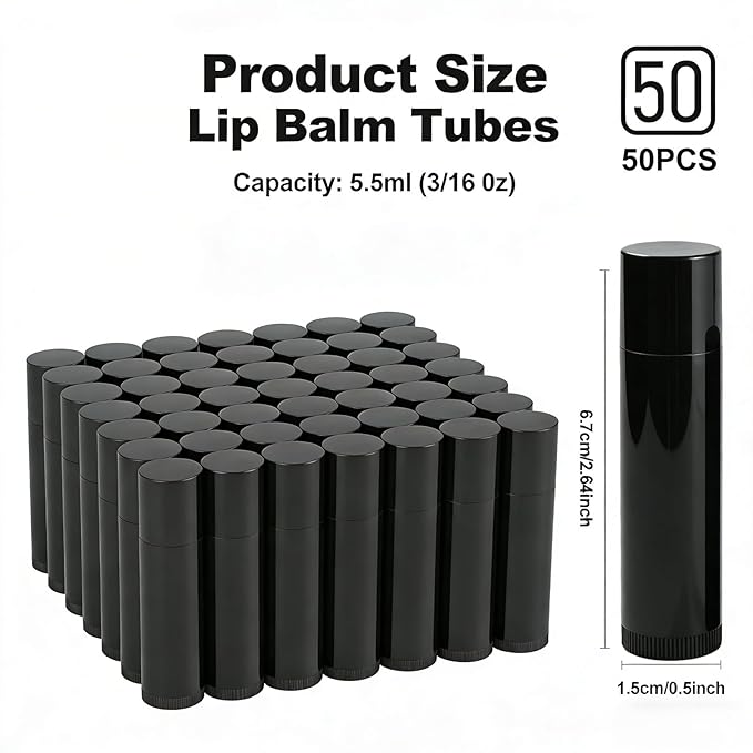 50 Pack Empty Lip Balm Tubes & Containers, BPA Free Round Lip Balm Containers with Caps, DIY Twist-Up Lipstick Tubes for Homemade Cosmetics (Black)