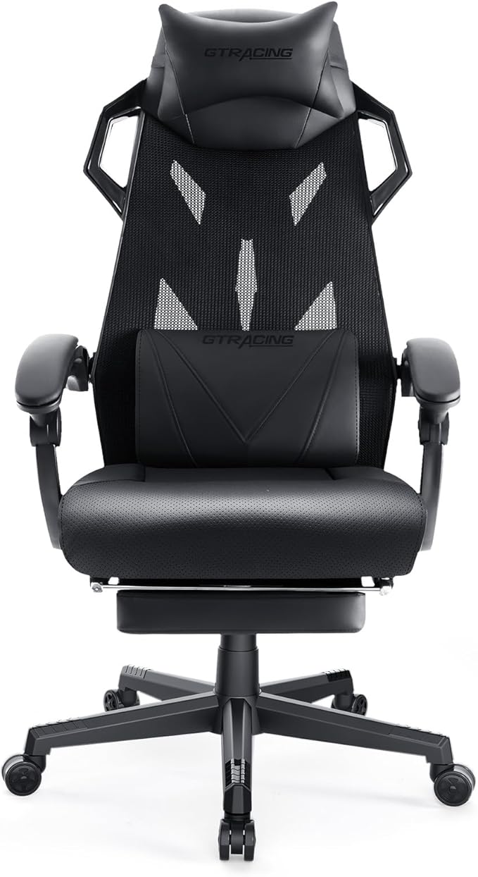 GTPLAYER Gaming Chair, Computer Chair with Mesh Back, Ergonomic Gaming Chair with Footrest, Reclining Gamer Chair with Adjustable Headrest and Lumbar Support for Gaming and Office (Black)