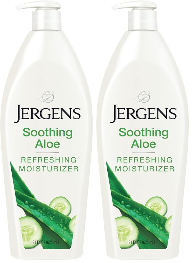 Jergens Soothing Aloe Body Lotion, Aloe Vera Body and Hand Moisturizer, Illuminating Hydralucence Blend, with Cucumber Extract, Dermatologist Tested, 21 Oz (Pack of 2)
