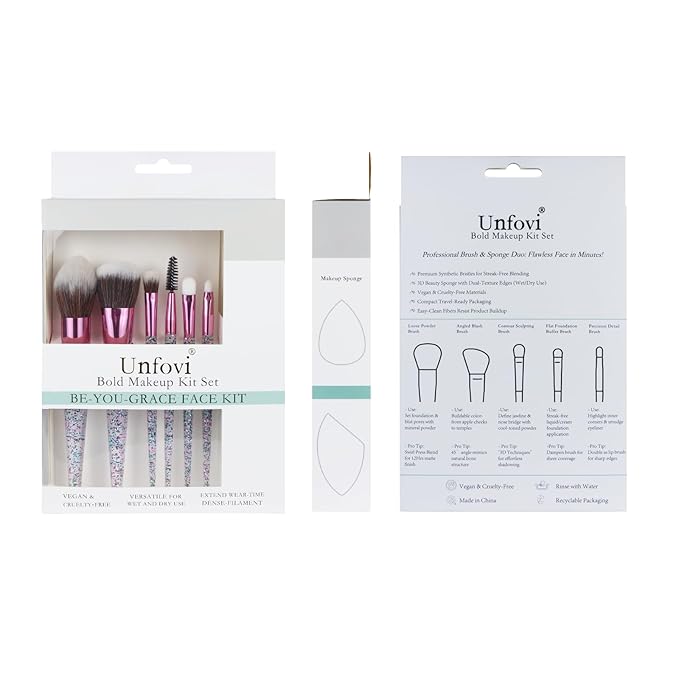 6-Piece Makeup Brush Set with 2 Beauty Sponges & Bling Crystal Handle - Daily Essential Cosmetic Brushes Kit for Professional Foundation, Concealer, Eyeshadow, Powder Blush(Purple)