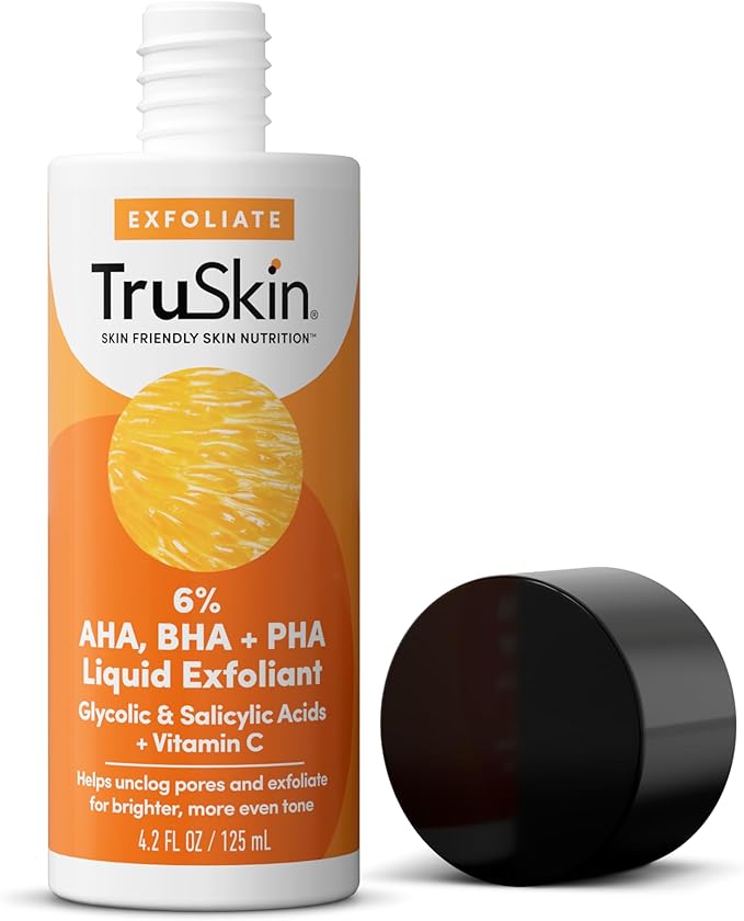 TruSkin BHA Liquid Exfoliant & Toner for Face - Triple Acid AHA BHA PHA Exfoliator with Salicylic, Glycolic Acid & Vitamin C - Improves Look of Tone & Texture, Unclogs Pores, 4.2 fl oz
