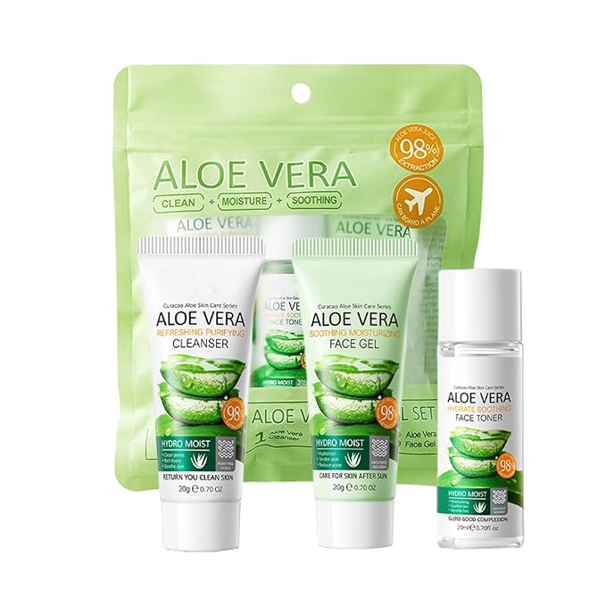 Aloe Vera Travel Skin Care Set, Mini Travel Essentials, 3 Piece Face Routine Set For Women Travel Size Skincare Kit With Aloe Vera Cleanser, Face Gel, Toner | Travel Essentials Gift Set