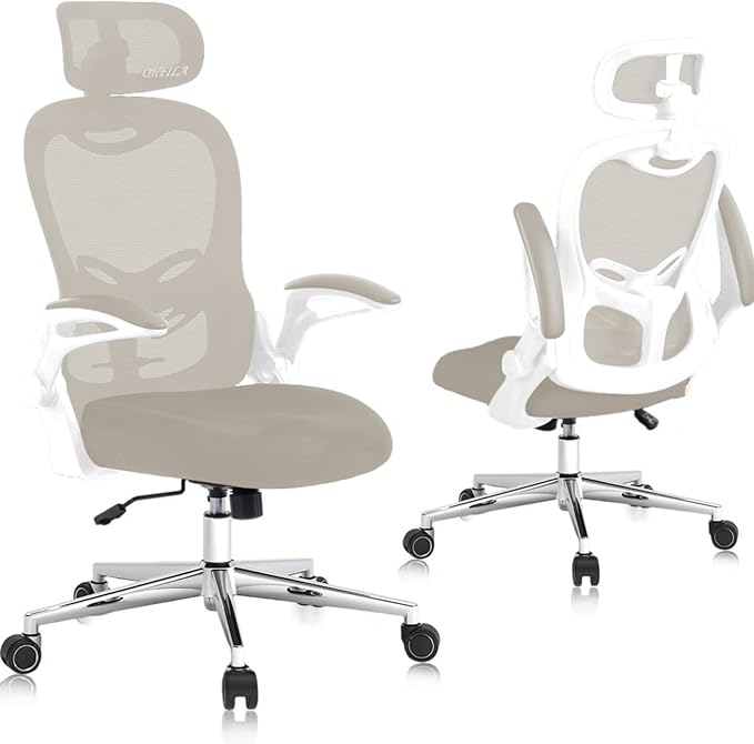 Office Chair, Ergonomic Breathable Mesh Chair,Flip-Up Arms and Adjustable High Back Lumbar Support,Comfy Computer Chair for Home Office (Beige, 407)