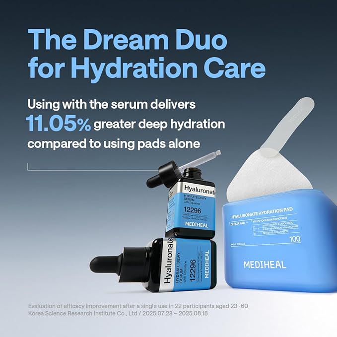 Mediheal Hyaluronate Pad & Serum Skin Care Duo for Deep Moisturization - Hyaluronate Hydration Toner Pads (100 Count) + Hyaluronate Hydrate Dewy Serum (1.35 fl.oz)