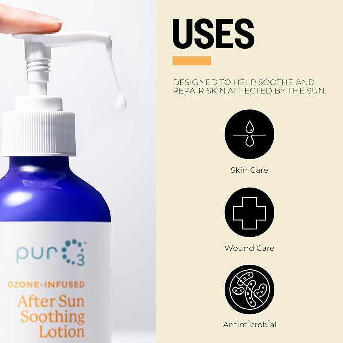 PurO3 Sun Repair Lotion – After Sun Care with Ozonated Coconut Oil & Aloe Vera – Sunburn Relief & Moisturizer for Face & Body – Cool Hydration for Sun-Damaged Skin, 8 Fl Oz Size