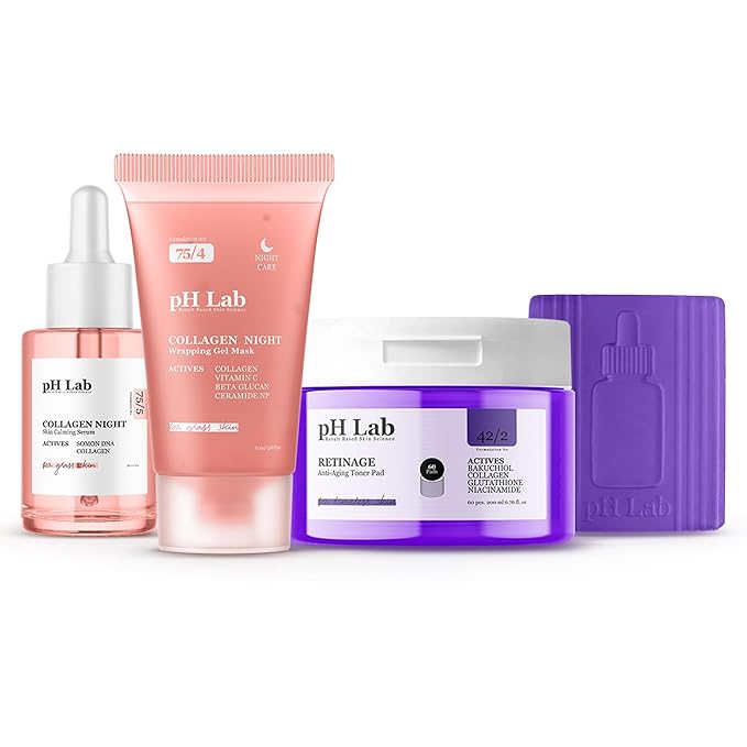 pH Lab Anti-Aging Renewal Skincare Routine Set, Collagen Night Skin Renewal Serum, Collagen Night Wrapping Mask, Anti-Aging Toner Pad, Retinage Cleansing Bar, For Glass Skin, Skin Elasticity
