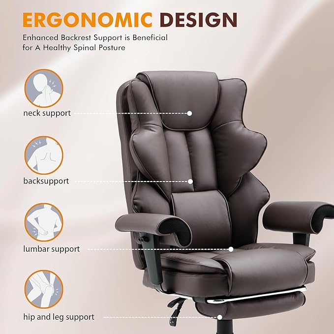 HOMREST 6-Point Massage Executive Chair, Ergonomic Heated Office Chair with Adjustable Backrest & Armrests, Home Office Desk Chair, Leather Computer Chair with Retractable Footrest(Brown)