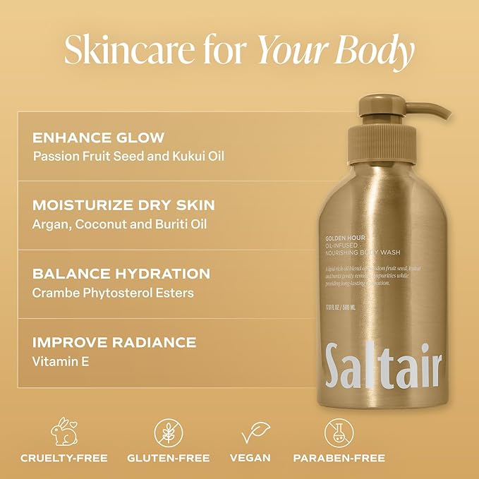 Saltair Body Wash 2-Pack – Moisturizing Body Wash with Vitamin E & Hydrating Oil Blend – Scented Shower Gel for Women and Men – Golden Hour Scent, 2x 17oz – Vegan, Cruelty-Free, Paraben-Free