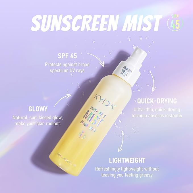 Sheer Body Sunscreen Mist, SPF 45 Ultra-fine Glowing Spray, Lightweight Hydrating Non-Greasy Quick Drying, Infused with Shimmering Radiant Glow Sunscreen Body Oil Mist-Gold,4.06 fl oz