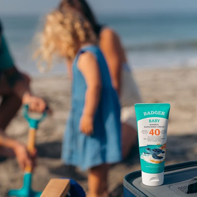 Badger Mineral Baby Sunscreen Cream SPF 40, 98% Organic Toddler Sunscreen with Zinc Oxide, Broad Spectrum, Reef Safe, Water Resistant, Pediatrician Tested Baby Sunblock, 2.9 fl oz, 2-Pack