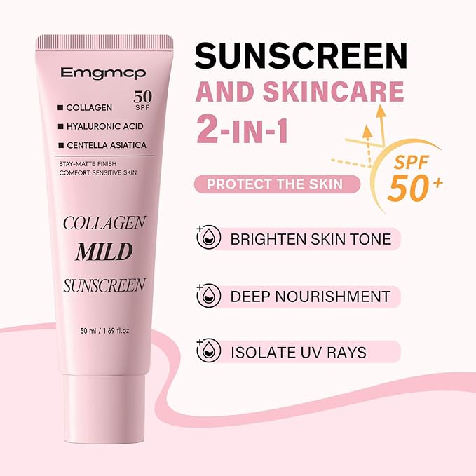 Collagen Mild Sunscreen, SPF 50 Broad Spectrum Facial Sunscreen, Lightweight Non-Greasy No White Cast, Hydrating Formula with Peptide & Cica for Soothing & Natural Glow (1pc)