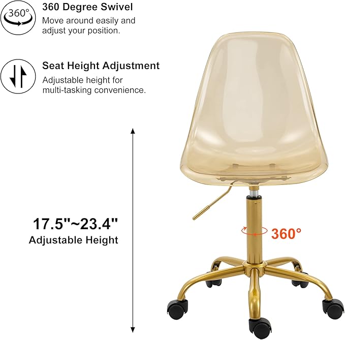 HOMEFUN Clear Rolling Chair, Armless Acrylic Desk Chair with Golden Feet Swivel Molded Plastic Shell Adjustable Home Office with Wheels