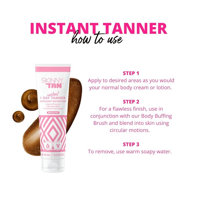 SkinnyTan 1 Day Instant Tanner - Self Tanning Lotion for Face and Body - Skin-Perfecting Coverage with Delicious Scent - Easy Rinse - Medium - 3.3 oz