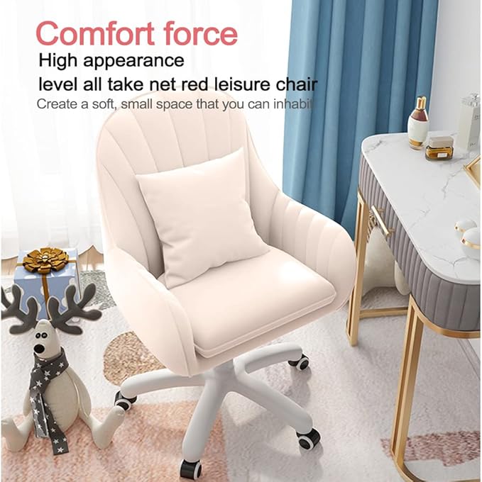 Velvet Desk Chair with Pillow Upholstered Vanity Chair for Girls Women, Home Office Computer Task Chair with Wheels Swivel Rolling Accent Chair for Living Room, Bedroom