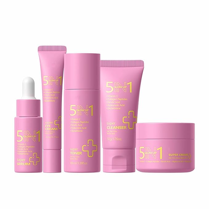 Glow Skincare Set - 5-in-1 Radiant Routine with Vitamin C & Hyaluronic Acid, Hydrating Travel-Friendly Skincare Kit for All Skin Types, Cream Serum Cleanser Eye Cream Toner