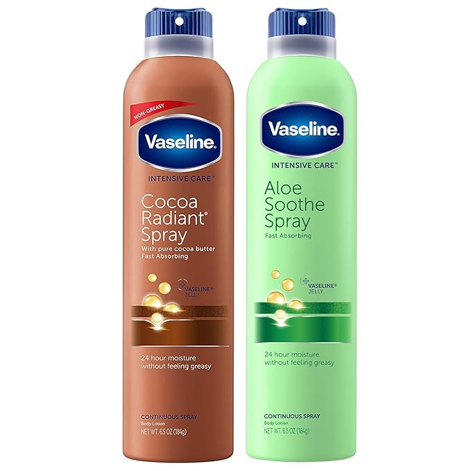 Vaseline Cocoa Radiant+ Aloe Soothe Spray Variety 2-Pack – Non-Greasy, Fast-Absorbing All-Over Moisturizer for Dry Skin, 6.5 Oz Ea