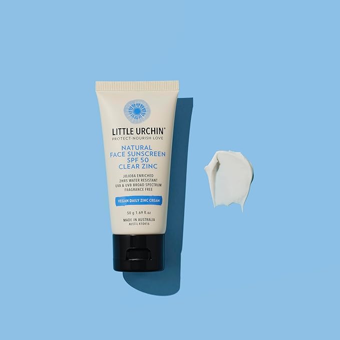Little Urchin Natural Clear Zinc Face Sunscreen – SPF 50, Reef Safe, Water Resistant, Fragrance Free – Enriched with Jojoba Oil – 50g – Australian Made for Families, Kids & Babies 6mths+