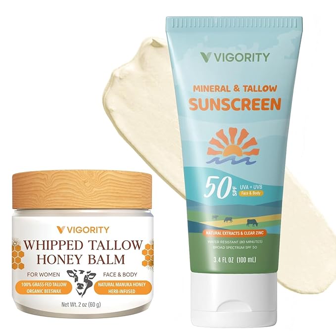 Beef Tallow Sunscreen & Nourishing Balm Duo: SPF 50 Mineral Zinc Sunblock with Grass-Fed Tallow & Organic Moisturizing Balm Infused with Manuka Honey for Face & Body – Safe for Kids & Sensitive Skin