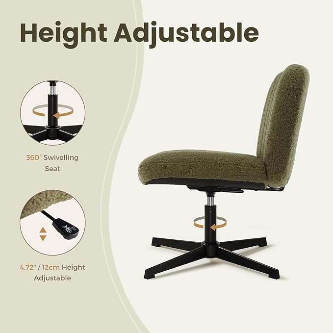 IWMH Criss Cross Velvet Armless Wide Office Chair - No Wheels, Cross Legged with Adjustable Height, Wide Seat, Desk Chair for Home, Office, Bedroom (Green)