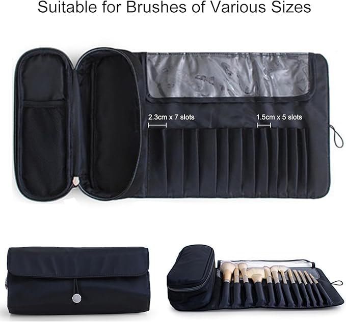 Makeup Brush Bag, Travel Makeup Brush Case Makeup Brush Holder Organizer Cosmetic Bag Portable Roll Up Brush Storage Bag for Makeup Brushes and Cosmetic Essentials (Black)