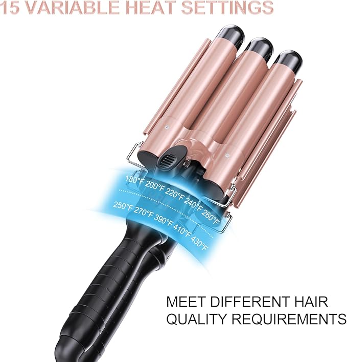 kuwa Crimper Hair Tool,3 Barrel Curling Iron,hairCrimper for Women,Hair Waver with LCD Temperature Display,Long-Lasting Natural Tight Waves