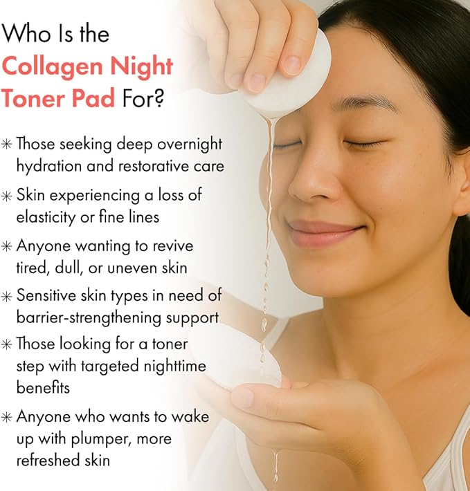 pH Lab Collagen Night Toner Pad, Gentle Face Pads for Glowy & Smooth Skin with Salmon DNA, 60 Pads