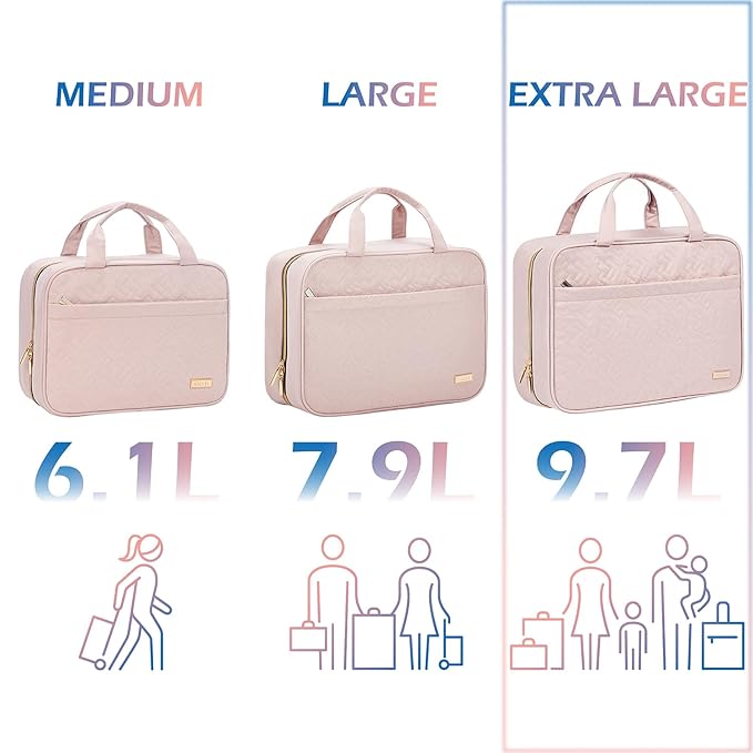 NISHEL Travel Toiletry Bag for women, Portable Hanging Organizer for Family-Sized Shampoo, Conditioner, Brushes Set, Makeup Accessories, Extra Large Size, Pink