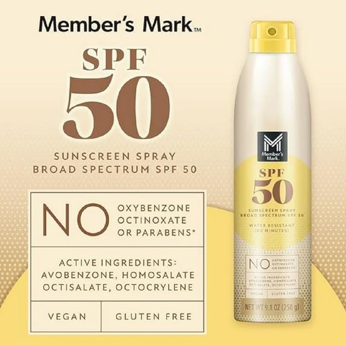 Members Mark SPF 50 Sunscreen Spray, 9.1 oz, 3 Pack – Broad Spectrum UVA/UVB Protection, Water Resistant, Non-Greasy Continuous Spray Sunscreen