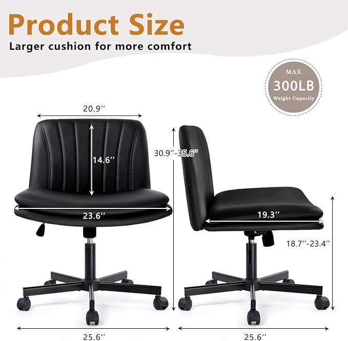 Criss Cross Chair, PU Leather Vanity Chair with Wheels, Armless Cross Legged Home Office Chair, Wide Seat Swivel Criss Cross Desk Chair, Height Adjustable Vanity Chair with Back, Black