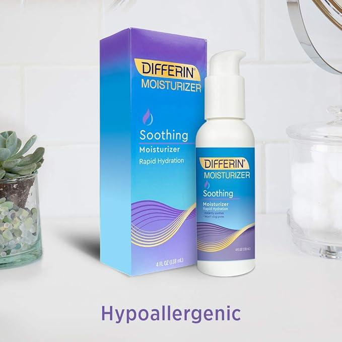Differin Face Moisturizer by the makers of Differin Gel, Soothing Lotion for Face and Body, Gentle Skin Care for Acne Prone Sensitive Skin, 4 oz (Packaging May Vary)
