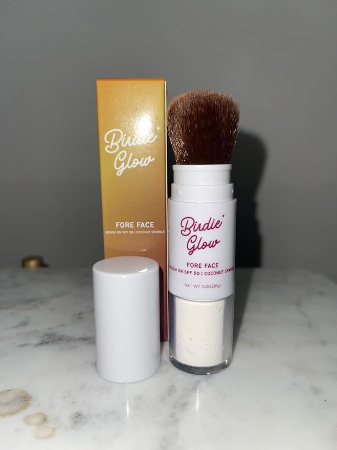 Birdie Glow Brush on SPF 50| Beach Essentials, Zinc Oxide Mineral Sunscreen Powder SPF, Face Sunblock, Brush On Sun Screen Protector for Face and Body, 0.20oz