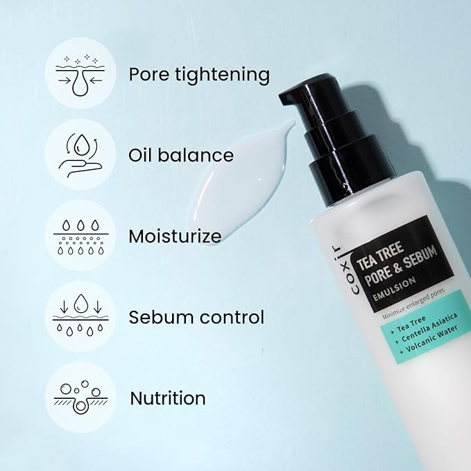coxir Tea Tree Pore & SEBUM Emulsion for Oil Balance, Pore Minimizer, sebum Control Paraben Free, Cruelty Free, Korean Skin Care [100ml/3.38 fl.oz]