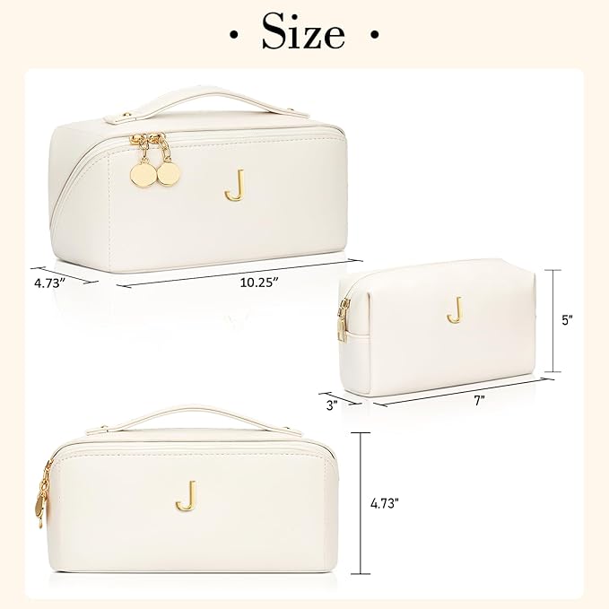 Birthday Gifts for Women Teen Girl, Personalized Initial Makeup Organizer Bag Set, Open Flat Travel Cosmetic Bag With Clear Divider and Handle(Large-Beige,J)