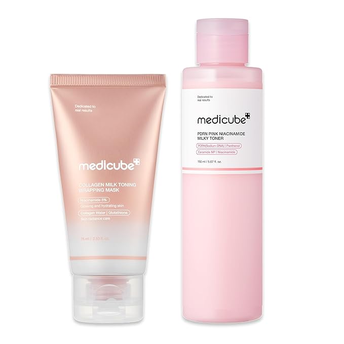 medicube Milky Glazed Donut Skin Duo: Collagen Glazed Milky Glow Wrapping Mask and PDRN Pink Niacinamide Milky Toner | Moisture-Boosting Toner and Mask for Radiant Glass Glow Skin
