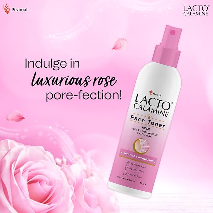 Lact'o Calamin'e Rose Water Toner for Glowing Skin | 120ml | Gulab Jal Face Toner | Rosewater with Aloe Vera & 2% Niacinamide | Moisturises Skin | No Sulphate, Alcohol, & Parabens