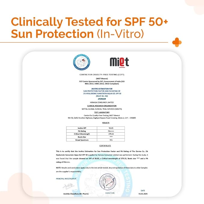The Derma Co 1% Hyaluronic Sunscreen Aqua Gel SPF 50 PA++++ Hydrating, Lightweight & Non-Greasy No White Cast Broad Spectrum & Blue Light Protection Clinically Tested - (In-Vivo) 30 g