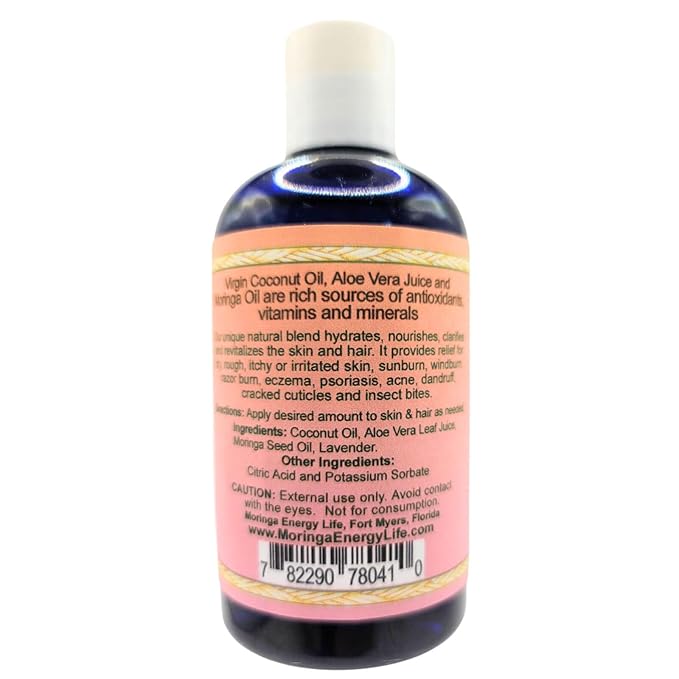 Moringa Energy Life After Sun Care Oil 8 oz, Soothes Skin from Sun Exposure with Coconut Oil, Aloe Vera Juice, Moringa Oil for Skin and Hair