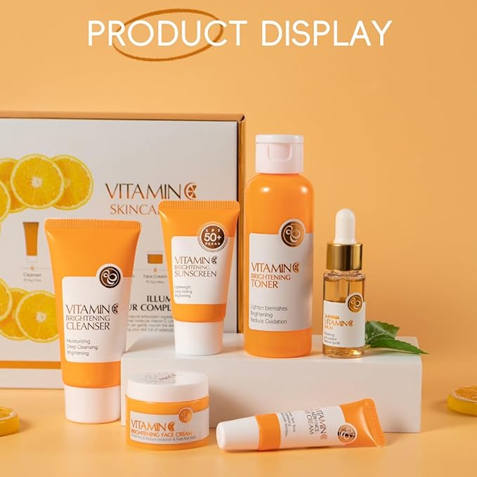 6Pcs Vitamin C Skincare Gift Set for Teenage Girls - Travel Skin Care Kit with Cleanser, Toner, Serum, Eye Cream, Face Cream, Sunscreen, Hydrating Facial Kit for Women Teen Girls Mom Daughter Birthday
