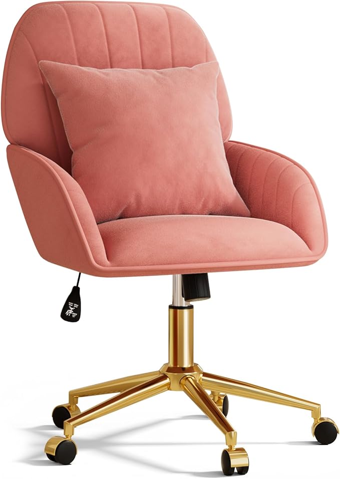 Home Office Desk Chair Comfy with Adjustable Swivel Wheels, Modern Velvet Makeup Vanity Chair with Back & Pillow, Ergonomic Office Chair Computer Task Chair for Living Room, Bedroom, Coral Red