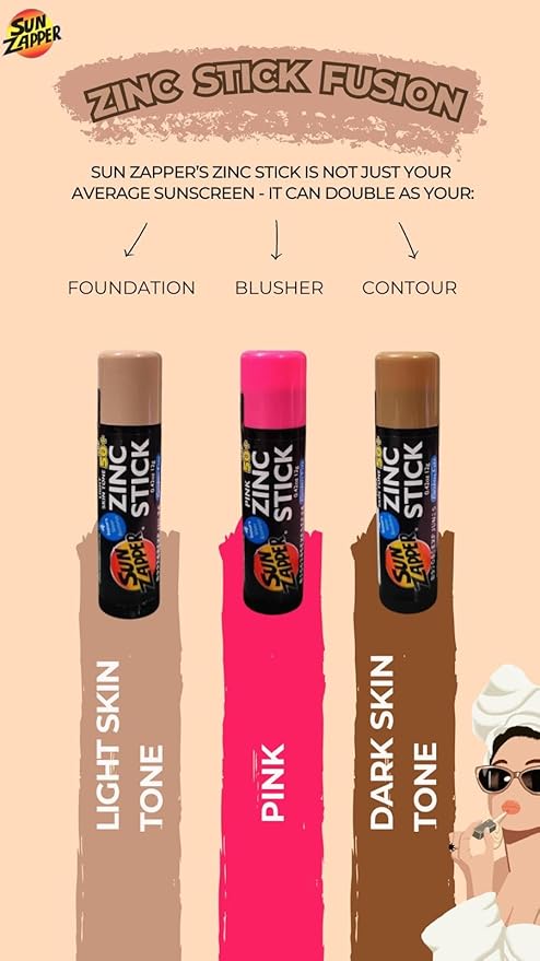 Sun Zapper Zinc Sunscreen Stick Beauty 3-Pack SPF 50+ (Light, Dark, Pink) – Tinted Mineral Sunscreen for Face, Makeup SPF Blush Stick, Water Resistant, Travel Size 12g (0.42 oz) each, Australian Made