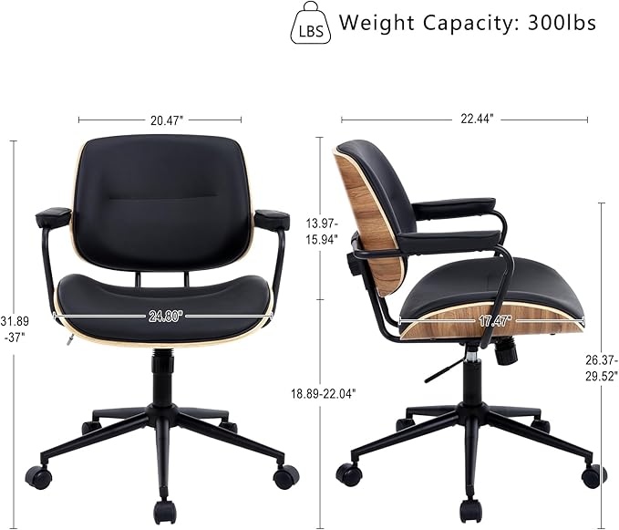 Mid Century Walnut Office Chair with Arms, Adjustable Swivel Desk Chair, Leather Computer Chair with Rolling Wheels for Home Office or Study Room, Black